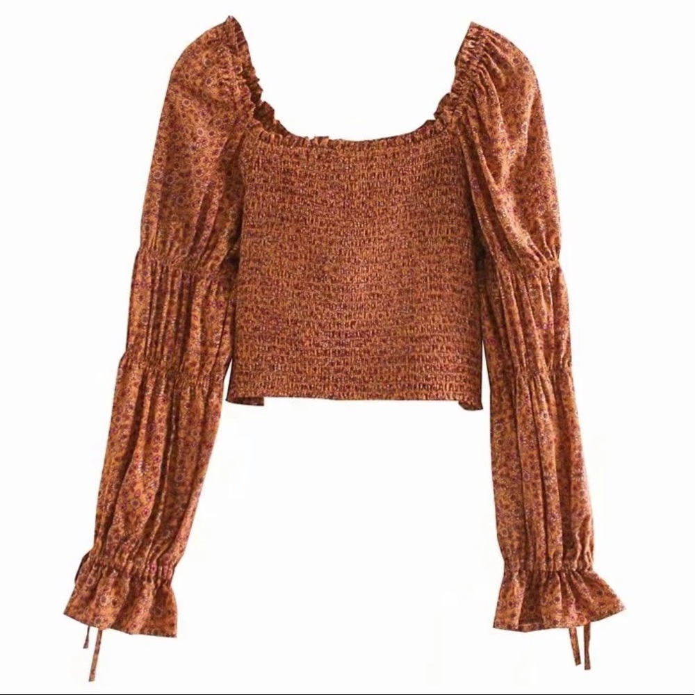 Gypsy Boho Floral Print LongSleeve CropTop Shirred - Picture 12 of 15